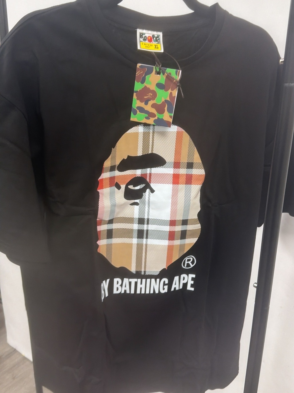 Bape Black Tee with Tan Plaid Ape Head Graphic